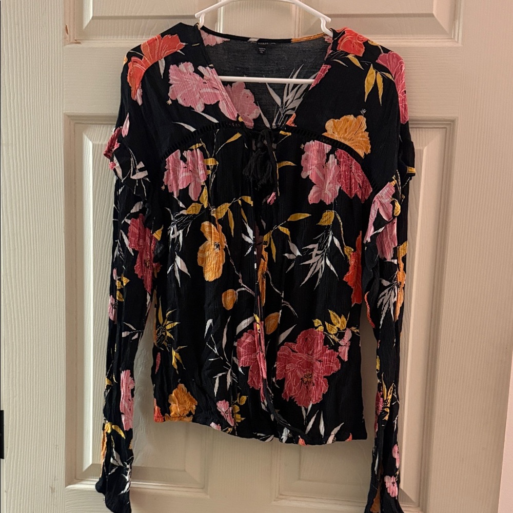 Guess Black Floral Blouse with Pink and Orange Accents